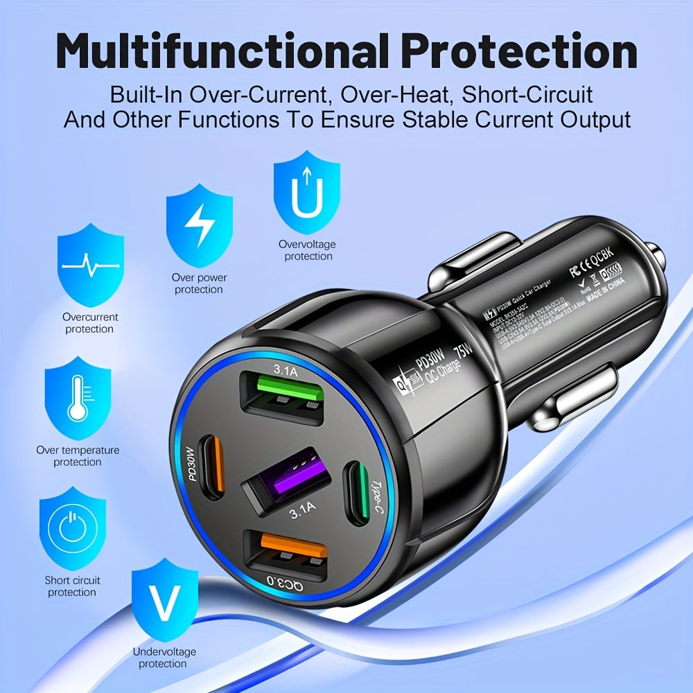 75W 5-Port Car Charger: Fast Charging PD Charger QC3.0 for Type-C Phones & Devices - In-Car Power Adapter