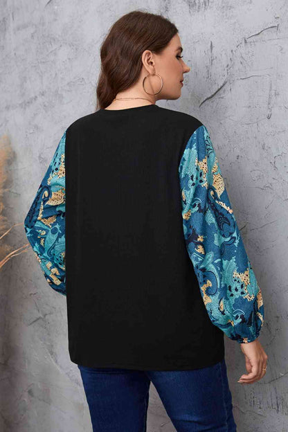 Melo Apparel Plus Size Printed Sleeve Round Neck Blouse