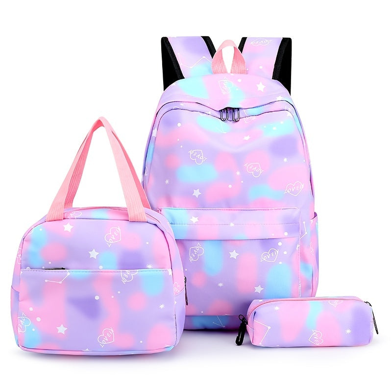 3Pcs Kawaii Backpack Set, Tie Dye Cartoon Pattern School Bag With Lunch Box Bag & Pencil Case