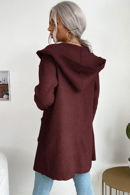 Ribbed Open Front Hooded Cardigan with Pockets