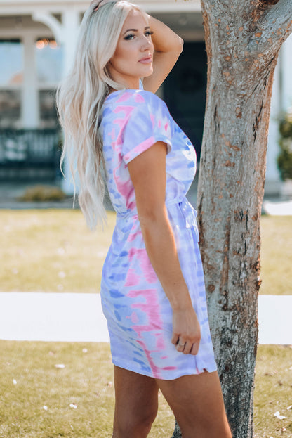 Vestido estilo camiseta con cinturón y teñido anudado para mujer