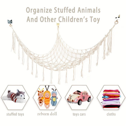 1 grand filet ou hamac pour animaux en peluche Boho de 55 pouces, hamac pour jouets, coin de rangement pour animaux, support de filet suspendu, hamac en maille, organisateur de jouets en peluche avec pompon et crochets pour chambre à coucher, crèche 