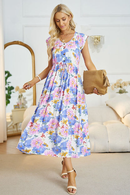 Vestido midi floral con cuello en V y línea A