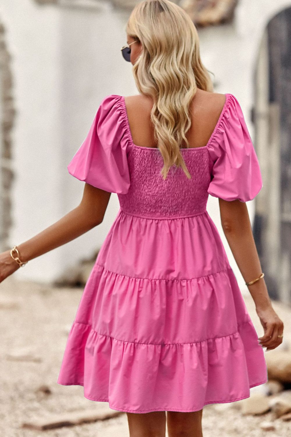 Balloon Sleeve Square Neck Smocked Midi Dress