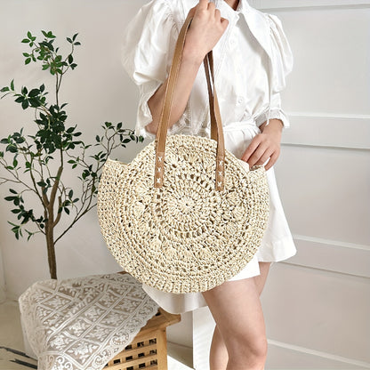 Woven Straw Round Handbags, Hollow Out Summer Beach Bag, Women's Large Capacity Shoulder Bag