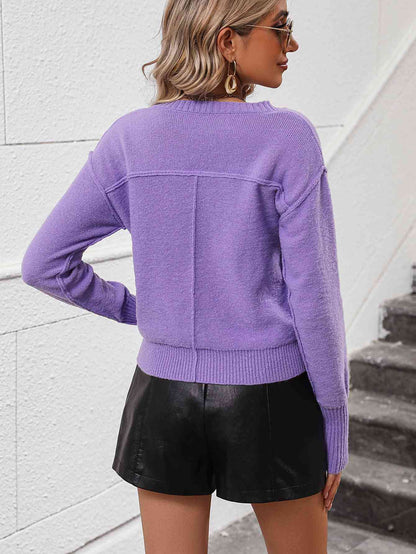 V-Neck Dropped Shoulder Long Sleeve Knit Top