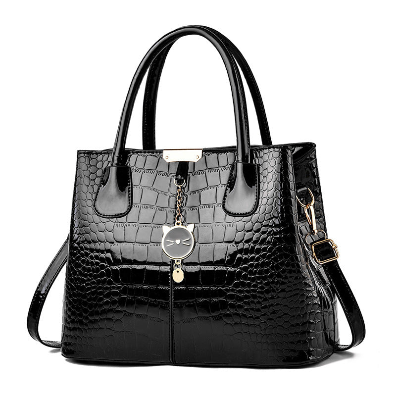 Stylish Crocodile Embossed Handbag - PU Leather Patent Shoulder Bag with Metal Decor and Double Handle for Women