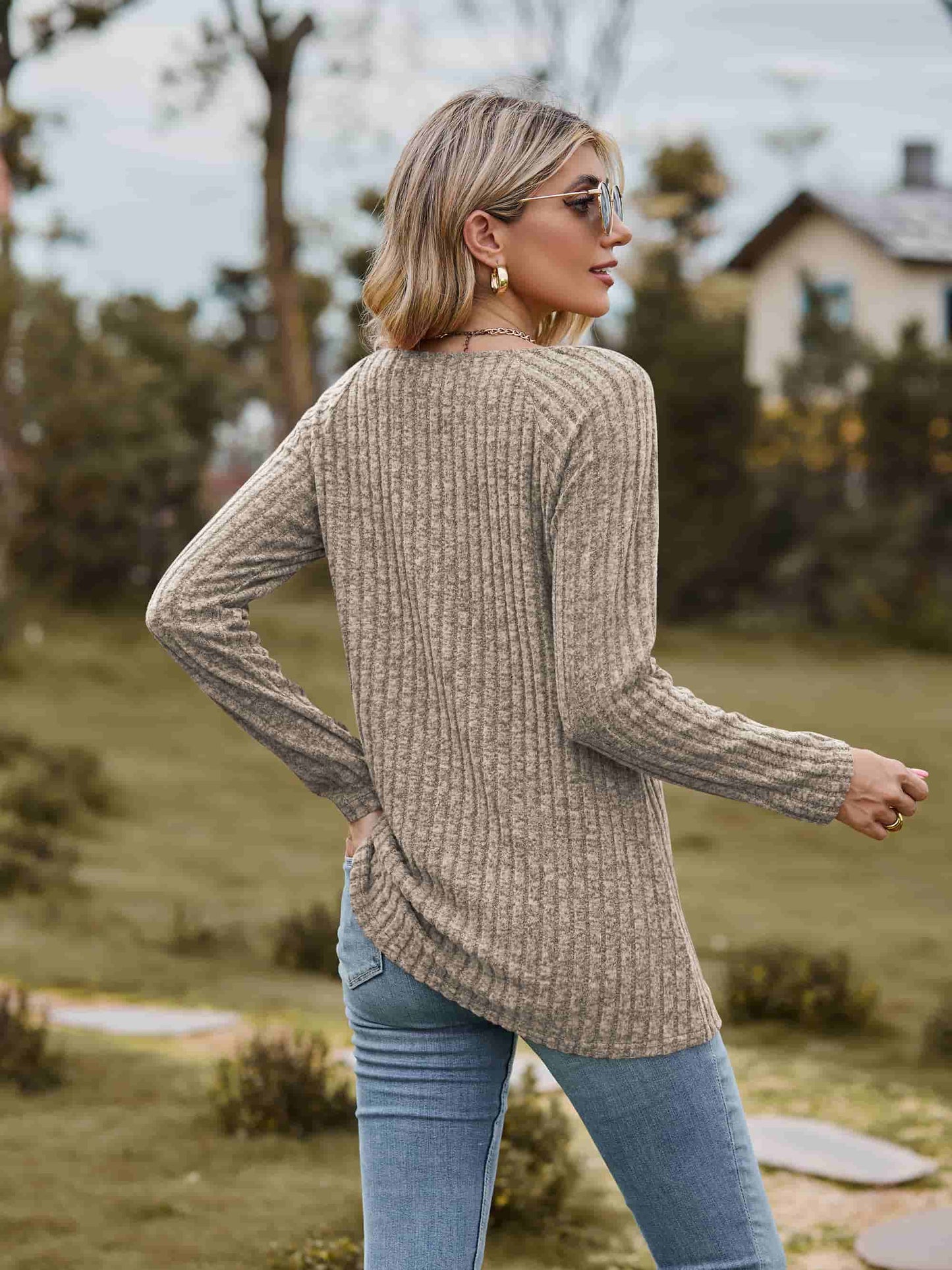 Ribbed Square Neck Long Sleeve Tee