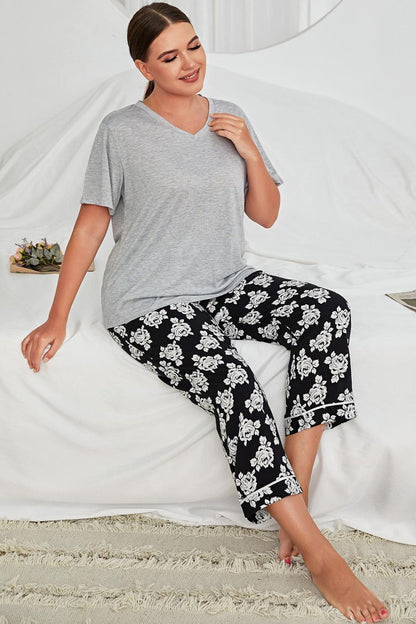 Plus Size V-Neck Tee and Floral Pants Lounge Set