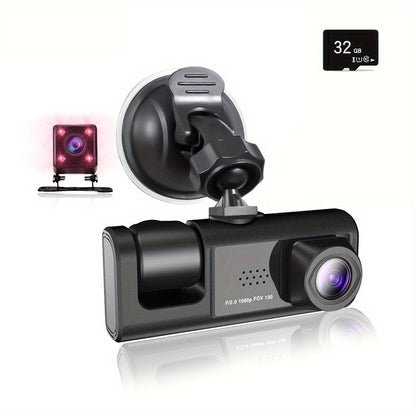 2 Inch Car Dash Cam: 1080P 3 Camera Cycle Recording Video Recorder, Inside Front Rear View Camera, Parking Monitor, Reverse Camera, Infrared Night Vision