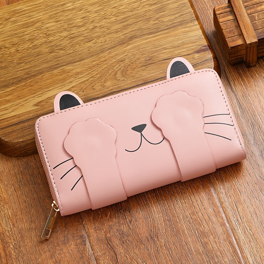 Women's Faux Leather Long Wallet with Cat Pattern - Cute & Stylish Card Slots & Zipper Pocket