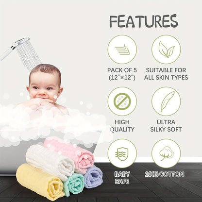 Débarbouillettes en mousseline pour bébé Lingettes pour bébé en mousseline purifiée naturelle Serviette de visage douce et absorbante pour nouveau-né à 6 couches pour peau sensible, registre de bébé comme douche, paquet de 5 11,8 x 11,8 pouces 