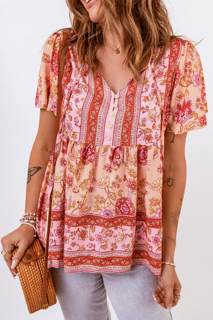 Bohemian Buttoned Short Puff Sleeve Blouse