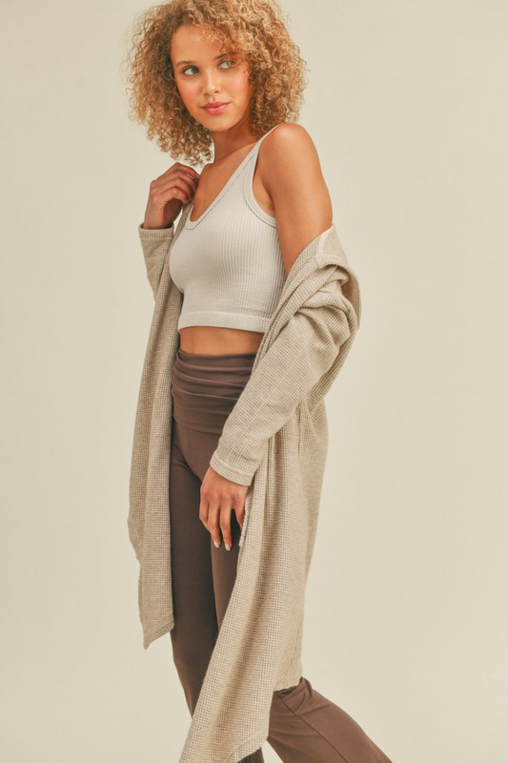 Kimberly C Full Size Waffle Knit Hooded Cardigan in Sand