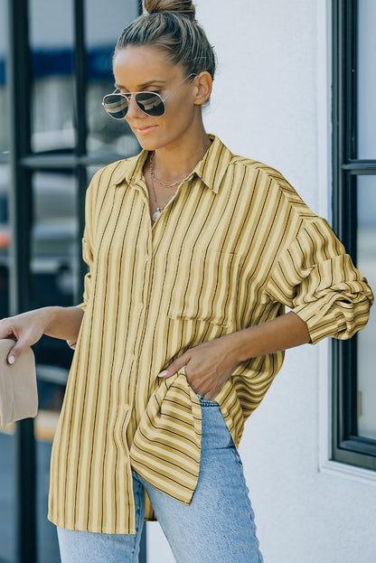 Striped Button-Up Dropped Shoulder Shirt