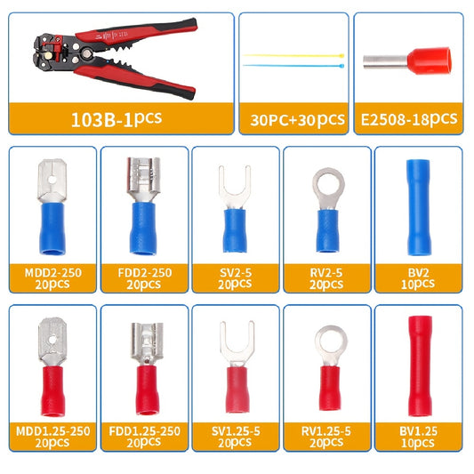 260pcs Insulated Spade Terminals - Electrical Wire Connector Set with Crimp Butt Ring, Fork Set, and Wire Stripper Plier - Assorted Colors and Sizes for Easy Installation and Repair