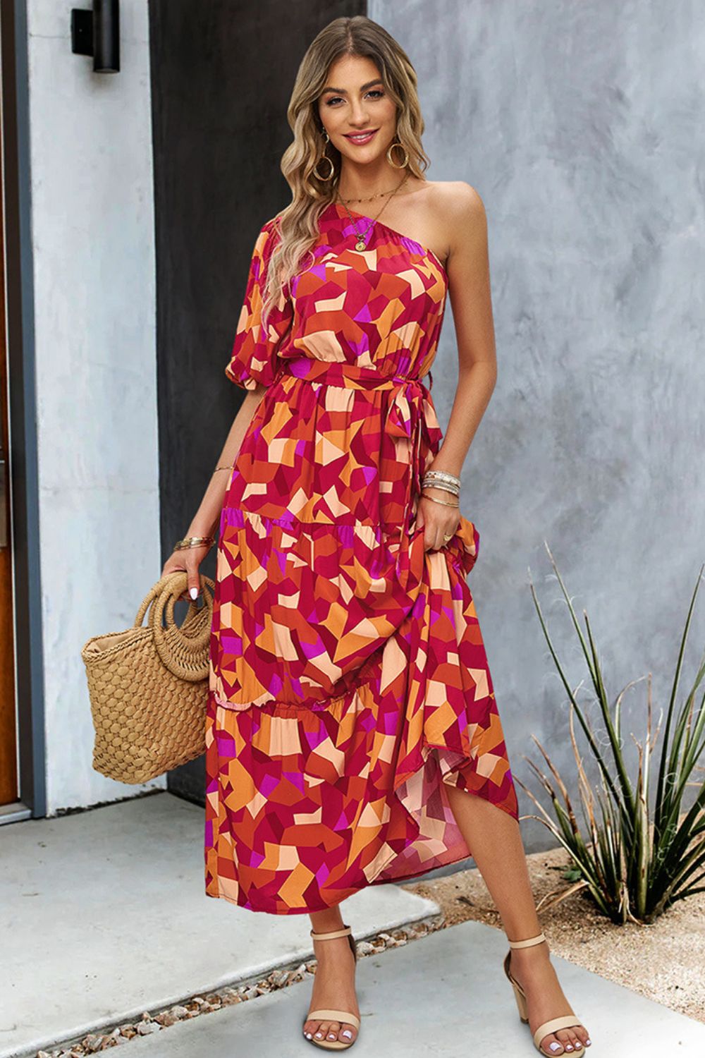 Printed One-Shoulder Tie Belt Maxi Dress