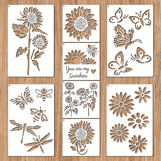 8-Piece Sunflower Butterfly Painting Stencil Kit - Reusable Plastic Template for Home Decoration - You Are My Sunshine!