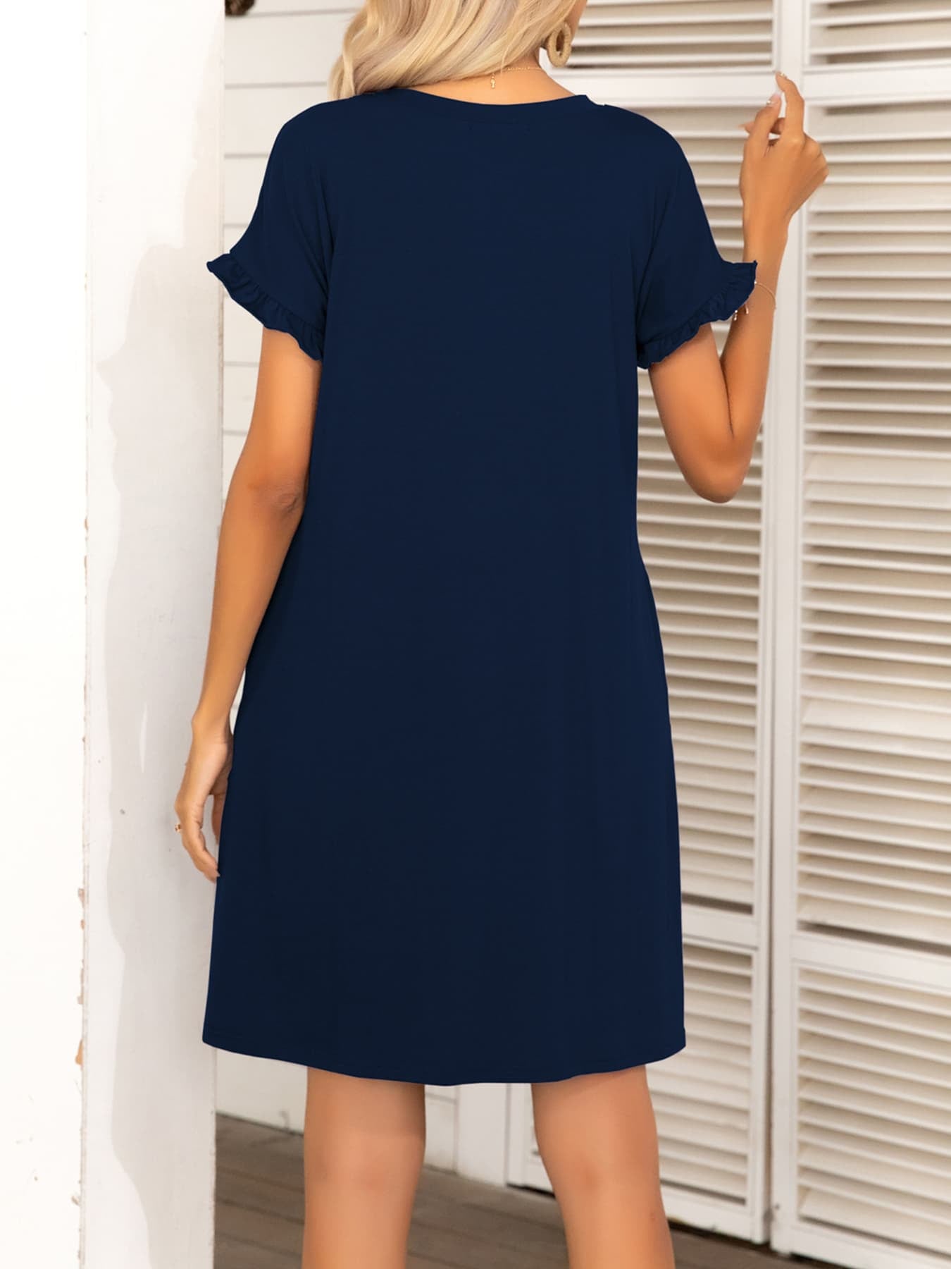 Round Neck Flounce Sleeve Dress with Pockets