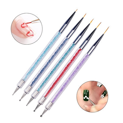 5 pcs Double-Ended Nail Art Liner Brushes - Dual-Ended Dotting Tools Set for Precise Nail Design and Easy Application