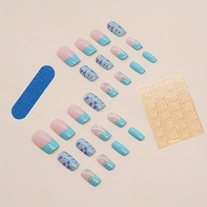 24pcs Blue Green Butterfly Press On Nails Medium, Square Shape Fake Nails With Glitter Sequin Design, Glossy Full Cover Daily False Nails For Women And Girls