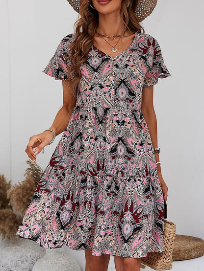 Printed V-Neck Tiered Dress