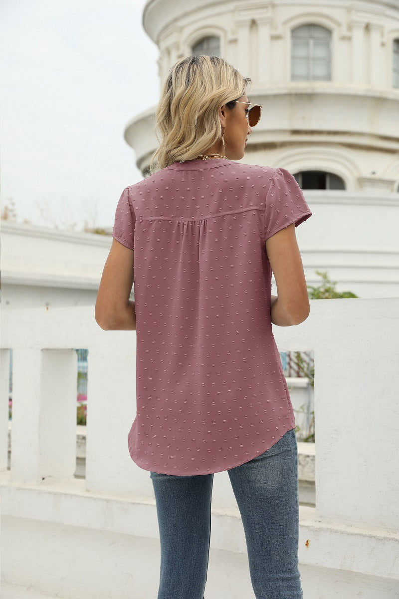 Swiss Dot Notched Neck Short Sleeve Top