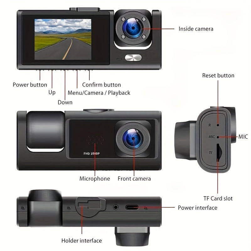 3-Channel Dash Cam: 1080P HD Video, IR Night Vision, Loop Recording & 2 IPS Screen - 3 Cameras for Your Car!