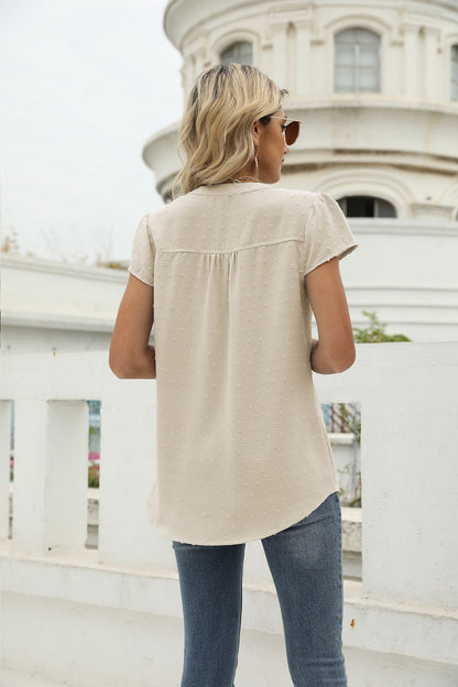 Swiss Dot Notched Neck Short Sleeve Top