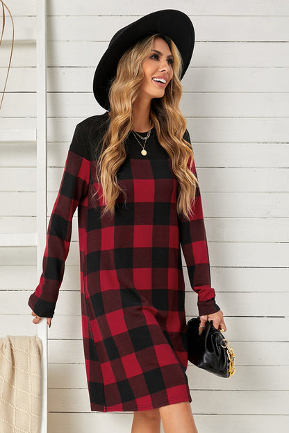 Plaid Round Neck Long Sleeve Mini Dress