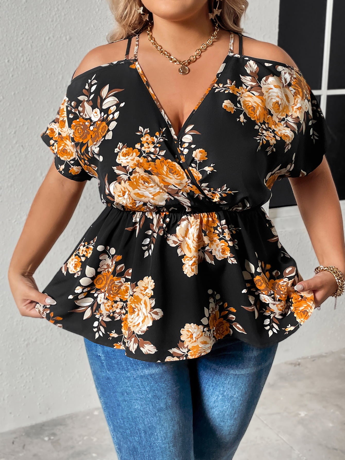 Plus Size Floral Print Cold Shoulder Surplice Neck Blouse