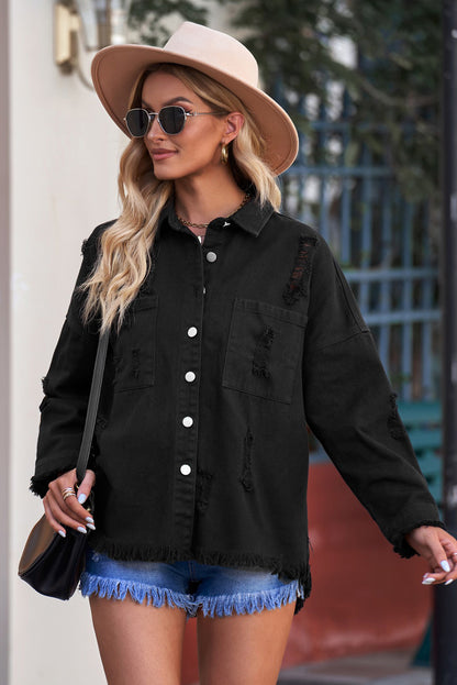 Distressed Fringe Trim Button Up Jacket