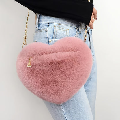 Valentine's Day Perfect: Heart-Shaped Fluffy Shoulder Bag with Chain Crossbody & Cute Zipper Purse