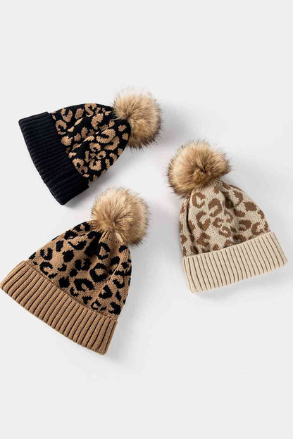 Leopard Pom-Pom Cuffed Beanie