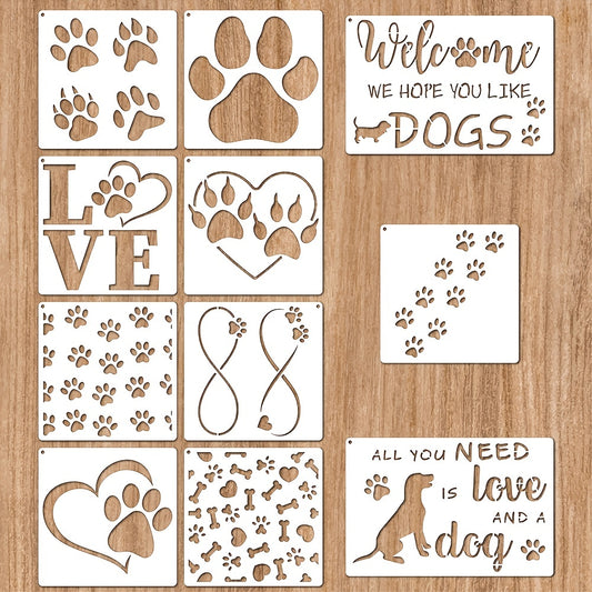 11pcs Dog Paw Print Stencils, Dog Paw Stencils For Painting, Reusable Love Dog Stencils, Plastic Drawing Template For DIY Crafts Drawing For Wood Wall Canvas Floor Scrapbook Fabric Home Decor, Assorted Size Paw Print Stencils