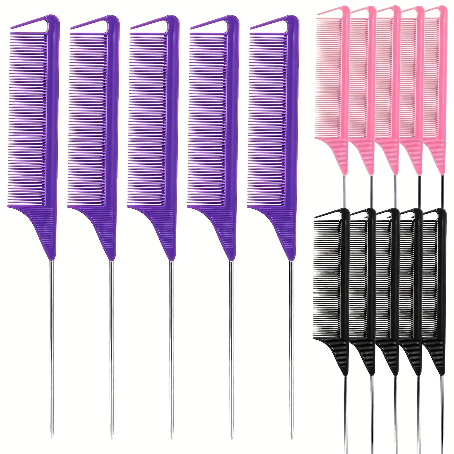 5pcs Professional Hair Styling Comb Set with Long Steel Pin Rat Tail Teasing Combs for Smooth and Controlled Styling