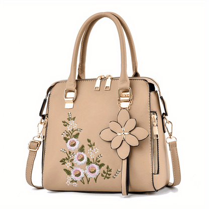 Women's Elegant Embroidered Tote Bag, Faux Leather Satchel Bag, Classic Zipper Shoulder Bag