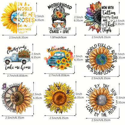 9 Packs of Sunflower Iron-On Heat Transfer Stickers - Perfect for DIY Clothing, T-Shirts, Masks, Jeans & More!