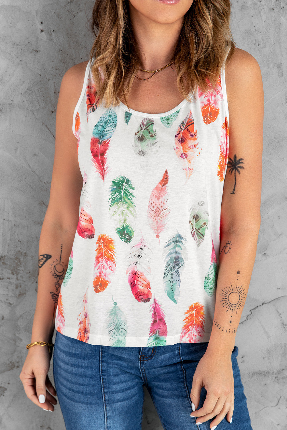 Feather Print Round Neck Tank