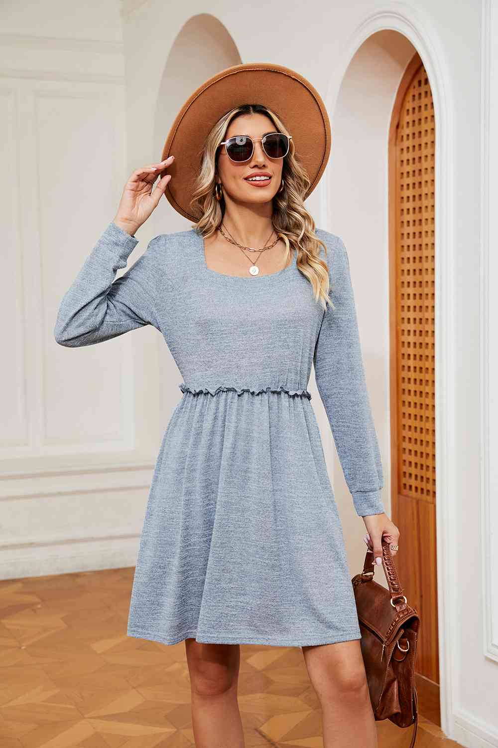 Square Neck Long Sleeve Dress