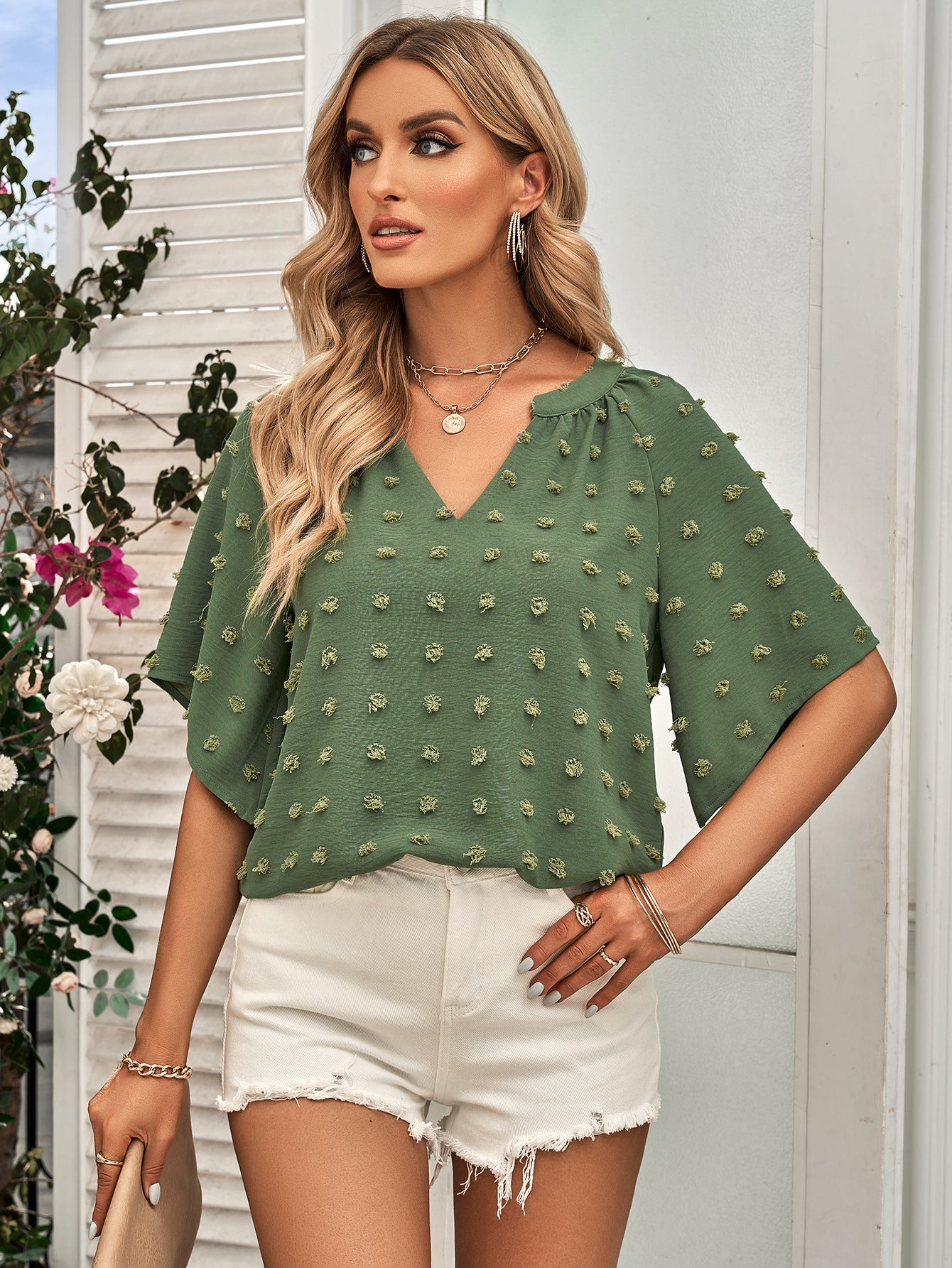 Swiss Dot Notched Neck Flare Sleeve Blouse