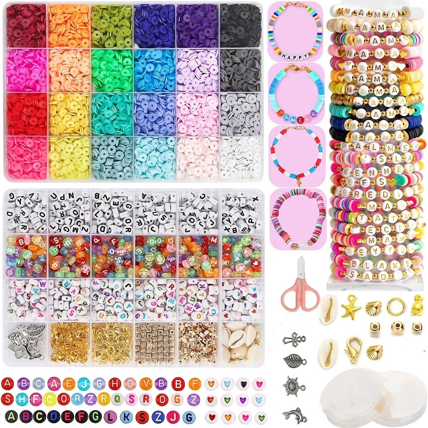 5100/7000/8600/9500 Pcs Clay Beads For Bracelet Making Kit, Preppy Spacer Flat Beads Polymer With Charms And Elastic Strings Gifts For Teen Girls Crafts DIY Craft For Girls,Children's Day Gift Set