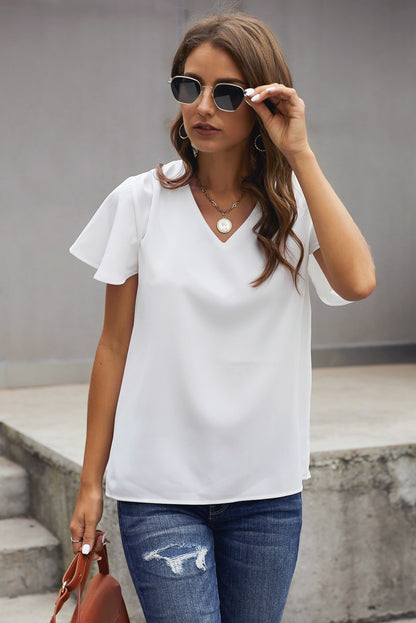 V-Neck Flutter Sleeve Blouse