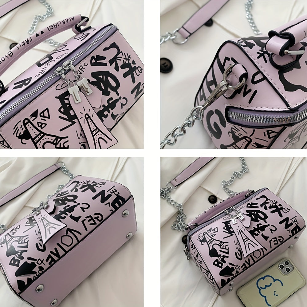 Trendy Graffiti Handbag for Women - Stylish Chain Crossbody Bag with Small Zipper Box Purse