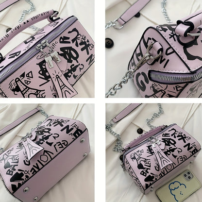 Trendy Graffiti Handbag for Women - Stylish Chain Crossbody Bag with Small Zipper Box Purse