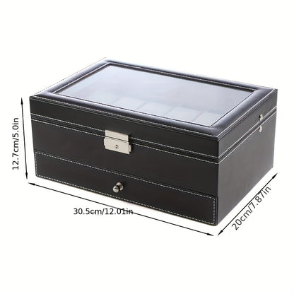 1pc Double Layer Leather Watch and Jewelry Storage Box with 12 Slots - Keep Your Valuables Organized and Secure