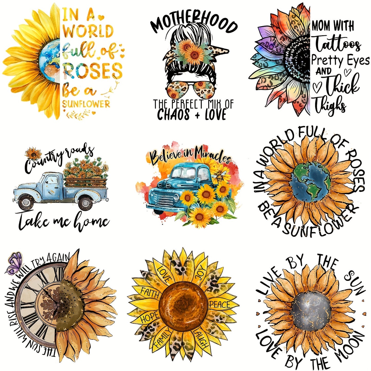 9 Packs of Sunflower Iron-On Heat Transfer Stickers - Perfect for DIY Clothing, T-Shirts, Masks, Jeans & More!