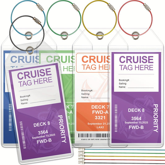 5pcs Waterproof Cruise Luggage Tags with Steel Loops - Clear Holders for Carnival Cruise Ships - Essential Travel Accessories