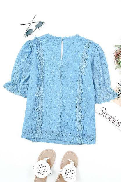 Lace V-Neck Flounce Sleeve Top