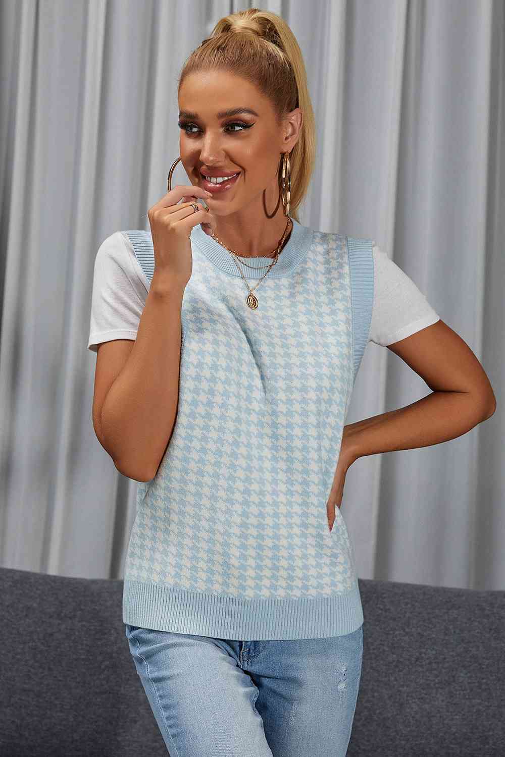 Houndstooth Round Neck Sweater Vest